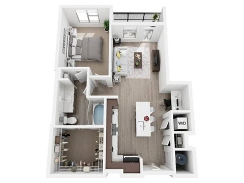 A top-down view of a small apartment with a kitchen, living room, and bathroom.