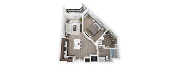 A 3D floor plan of a small apartment with a kitchen, living room, and bathroom.