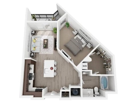 A 3D floor plan of a small apartment with a kitchen, living room, and bathroom.