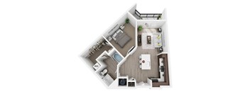 A floor plan of a small apartment with a kitchen, living room, and bathroom.