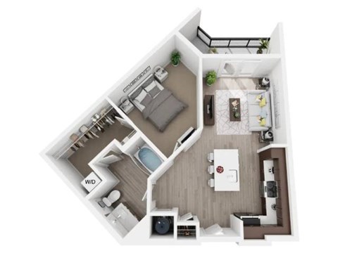 A floor plan of a small apartment with a kitchen, living room, and bathroom.