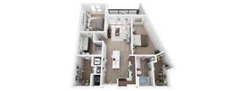 A floor plan of a house with a kitchen, living room, dining room, and bathroom.