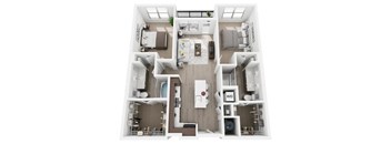 A top-down view of a two-bedroom apartment with a kitchen, living room, and bathroom.