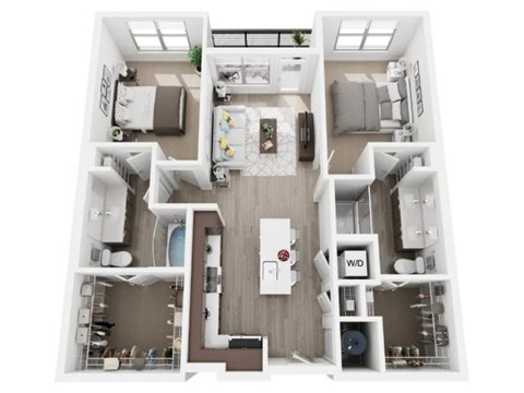 A top-down view of a two-bedroom apartment with a kitchen, living room, and bathroom.
