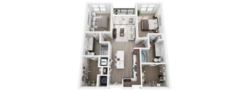 A top-down view of a small apartment with a kitchen, living room, and two bedrooms.