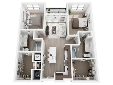A top-down view of a small apartment with a kitchen, living room, and two bedrooms.