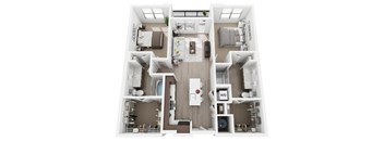 A top-down view of a two-bedroom apartment with a kitchen, living room, and bathroom.