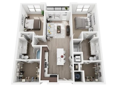 A top-down view of a two-bedroom apartment with a kitchen, living room, and bathroom.