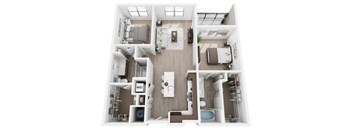 A top-down view of a small apartment with a kitchen, living room, and bathroom.