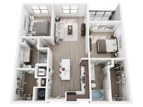A top-down view of a small apartment with a kitchen, living room, and bathroom.
