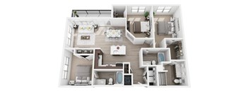 A top-down view of a modern apartment layout with a kitchen, living room, and bedrooms.