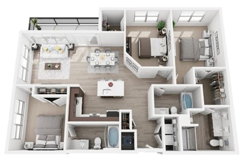 A top-down view of a modern apartment layout with a kitchen, living room, and bedrooms.