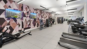 A gym with treadmills and exercise equipment.