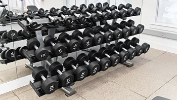 A rack of black dumbbells in a gym.