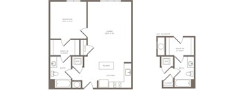 A floor plan of a small apartment with a living room, kitchen, bathroom, and bedroom.
