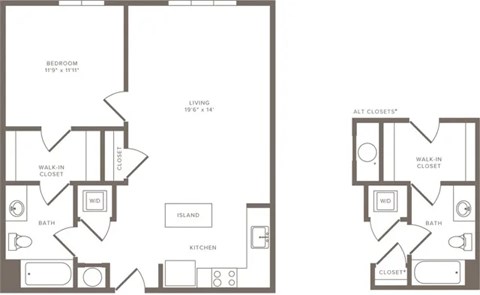 A floor plan of a small apartment with a living room, kitchen, bathroom, and bedroom.