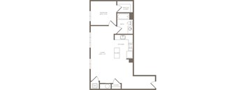 A floor plan of a home with a living area, kitchen, and bathroom.