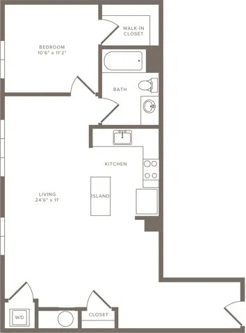 A floor plan of a home with a living area, kitchen, and bathroom.