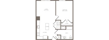 A floor plan of a small apartment with a living room, bedroom, kitchen, and bathroom.