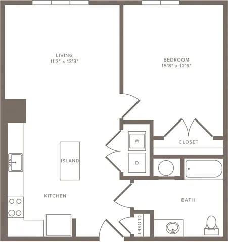 A floor plan of a small apartment with a living room, bedroom, kitchen, and bathroom.