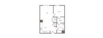 A floor plan of a house with a living room, kitchen, bedroom, bathroom, and walk-in closet.