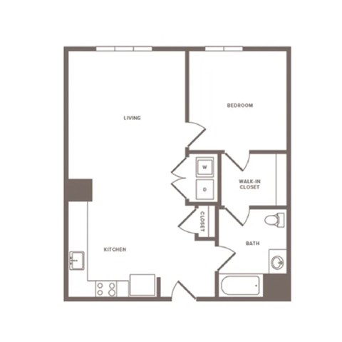 A floor plan of a house with a living room, kitchen, bedroom, bathroom, and walk-in closet.