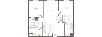 A floor plan of a home with two bedrooms, a living room, a kitchen, a bath, a walk-in closet, and a linen closet.