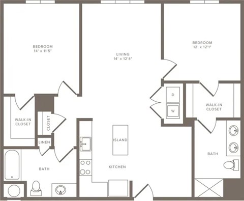 A floor plan of a home with two bedrooms, a living room, a kitchen, a bath, a walk-in closet, and a linen closet.