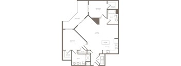 A black and white image of a house floor plan with a balcony, two bedrooms, a living room, a kitchen, a bath, a walk-in closet, and a laundry room.