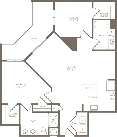 A black and white image of a house floor plan with a balcony, two bedrooms, a living room, a kitchen, a bath, a walk-in closet, and a laundry room.