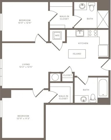 A floor plan of a house with three bedrooms, a kitchen, a living room, and two bathrooms.