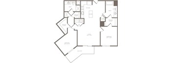 A black and white image of a house floor plan with a living room, two bedrooms, a bathroom, a kitchen, a walk-in closet, and a balcony.
