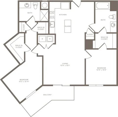 A black and white image of a house floor plan with a living room, two bedrooms, a bathroom, a kitchen, a walk-in closet, and a balcony.