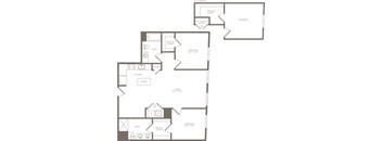 A floor plan of a house with a living room, two bedrooms, a bathroom, a kitchen, and a pantry.