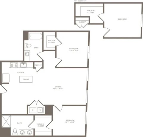A floor plan of a house with a living room, two bedrooms, a bathroom, a kitchen, and a pantry.