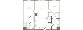 A floor plan of a house with a living room, two bedrooms, a kitchen, a bath, and a walk-in closet.