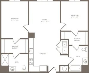 A floor plan of a house with a living room, two bedrooms, a kitchen, a bath, and a walk-in closet.