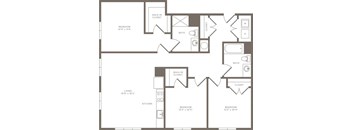 A black and white image of a house floor plan with a living room, kitchen, and three bedrooms.