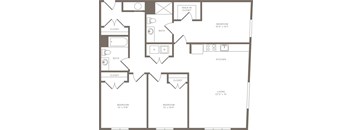 A black and white image of a house floor plan with a living room, kitchen, and three bedrooms.