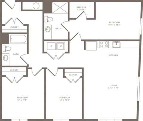A black and white image of a house floor plan with a living room, kitchen, and three bedrooms.