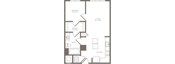 A floor plan of a small apartment with a bedroom, living room, kitchen, bathroom, and closet.