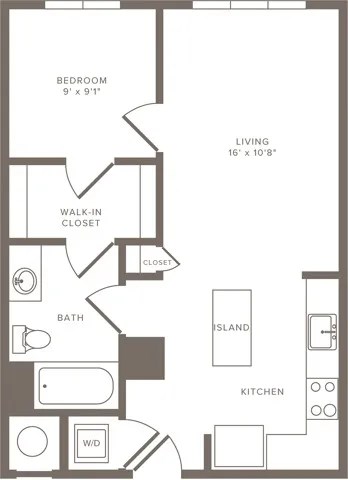 A floor plan of a small apartment with a bedroom, living room, kitchen, bathroom, and closet.