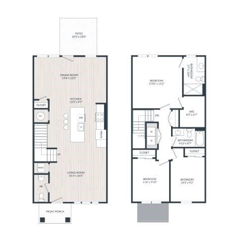 A floor plan of a two-story house with a living room, two bedrooms, a bathroom, and a front porch.