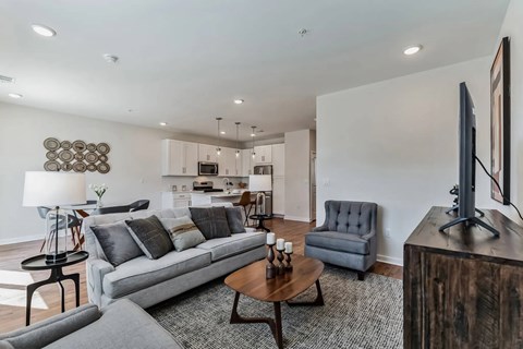 A modern living room with a grey sofa, a wooden coffee table, and a flat-screen TV.