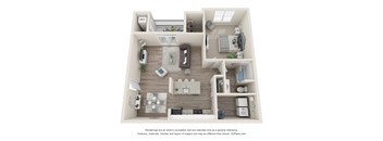 A 3D floor plan of a house with a kitchen, living room, and two bedrooms.