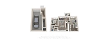 A diagram shows a two-story house with a car in the garage.