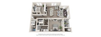 A 3D floor plan of a two-story apartment with a living room, kitchen, and bedrooms.