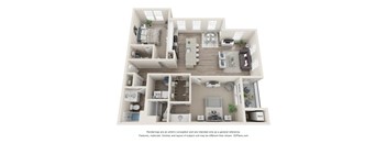 A 3D floor plan of a house with a kitchen, living room, and two bedrooms.