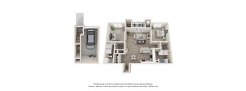 A 3D floor plan of a house with a kitchen, living room, and bathroom.