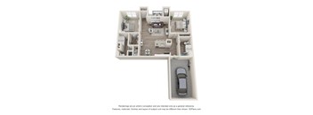 A 3D floor plan of a house with a car parked in the driveway.